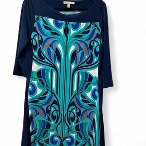 Banana Republic 3/4 Sleeve Blue Multi-color Retro Print Shift Dress Size Large P